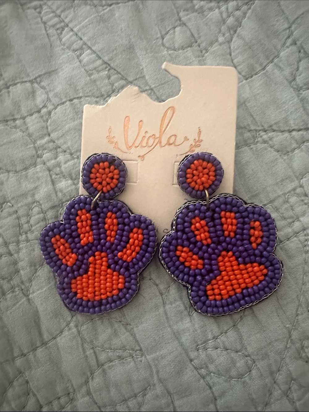 Purple & Orange Beaded Paw Drop Earrings / Clemson Paw